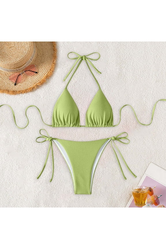 Womens String Two Piece Halter Top Triangle Bikini Set with Tie Side Bottom, Sexy Swimsuit Bathing Suits Green M