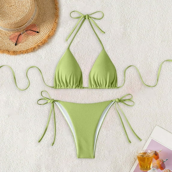 Jjayotai Womens String Two Piece Halter Top Triangle Bikini Set with Tie Side Bottom, Sexy Swimsuit Bathing Suits Green XL