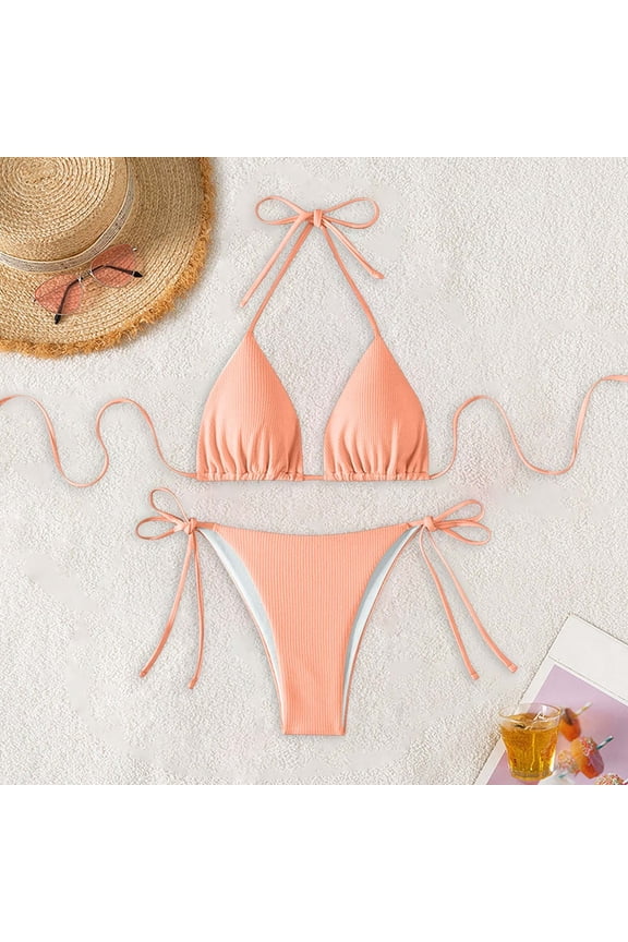 Womens String Two Piece Halter Top Triangle Bikini Set with Tie Side Bottom, Sexy Swimsuit Bathing Suits Orange S