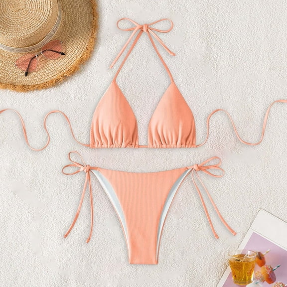 Jjayotai Womens String Two Piece Halter Top Triangle Bikini Set with Tie Side Bottom, Sexy Swimsuit Bathing Suits Orange XL