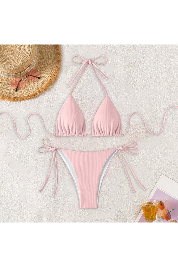 Womens String Two Piece Halter Top Triangle Bikini Set with Tie Side Bottom, Sexy Swimsuit Bathing Suits Pink L