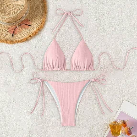 Jjayotai Womens String Two Piece Halter Top Triangle Bikini Set with Tie Side Bottom, Sexy Swimsuit Bathing Suits Pink M