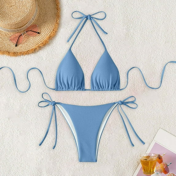 Jjayotai Womens String Two Piece Halter Top Triangle Bikini Set with Tie Side Bottom, Sexy Swimsuit Bathing Suits Sky Blue S