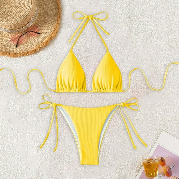 Jjayotai Womens String Two Piece Halter Top Triangle Bikini Set with Tie Side Bottom, Sexy Swimsuit Bathing Suits Yellow L
