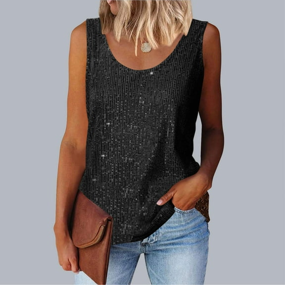 Jjayotai Womens Summer Fashion Sequin Tops, Scoop Neck Sparkle Shimmer Sleeveless Tanks Tops for Women, Women's Silver Sparkly Top Black^ XL