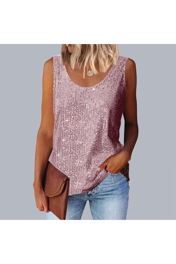 Womens Summer Fashion Sequin Tops, Scoop Neck Sparkle Shimmer Sleeveless Tanks Tops for Women, Women's Silver Sparkly Top Pink^ XL