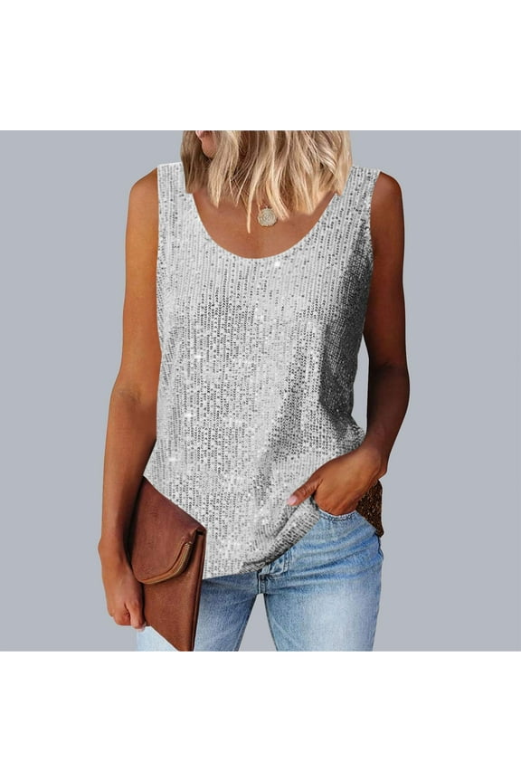 Womens Summer Fashion Sequin Tops, Scoop Neck Sparkle Shimmer Sleeveless Tanks Tops for Women, Women's Silver Sparkly Top Silver^ XL