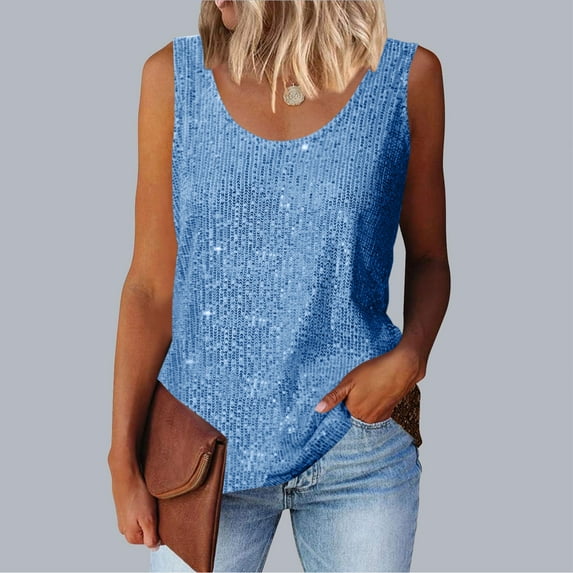 Jjayotai Womens Summer Fashion Sequin Tops, Scoop Neck Sparkle Shimmer Sleeveless Tanks Tops for Women, Women's Silver Sparkly Top Sky Blue^ S
