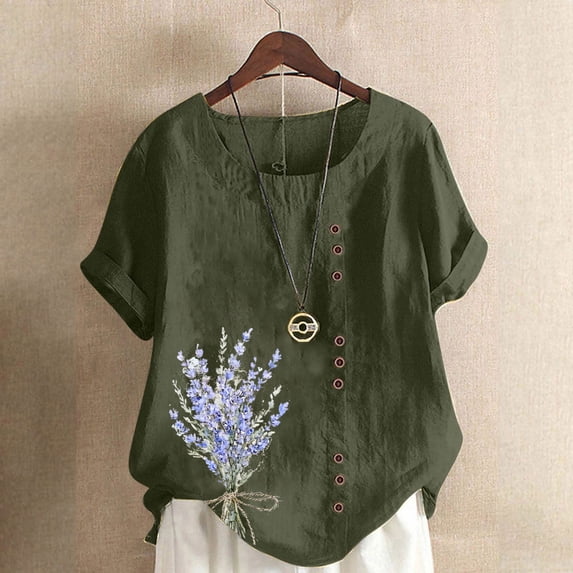 Jjayotai Womens Summer Short Sleeves Tops, Casual Cotton Linen Crew Neck Blouses, Solid Color Floral Printed Tshirt Top, Button Down Shirts for Women Army Green^ L