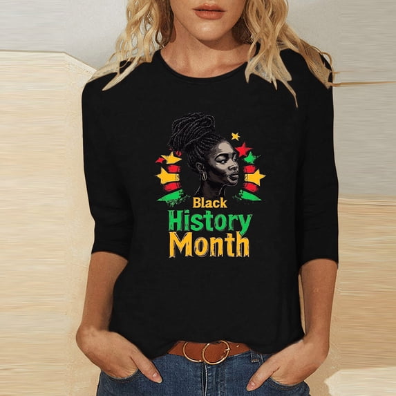 Jjayotai Womens Summer Tops, Crew Neck 3/4 Sleeve Black History Printed Casual Womens T Shirts, Suit for Party&Parade Black M