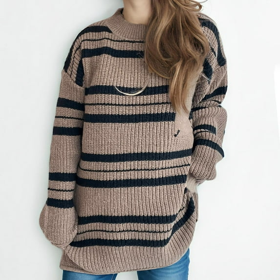 Jjayotai Womens Sweater Pullover, Casual Long Sleeve Crewneck Color Block Pullovers, Knit Sweaters for Women Brown L