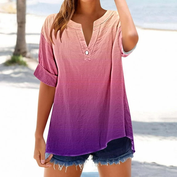 Jjayotai Womens Tops, Summer Casual Short Sleeve V Neck Gradient Flowy Top, Loose Tunic Blouses, Shirts for Women, Women's Button Down Tees Multicolor^6 M