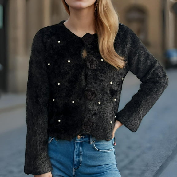 Jjayotai Womens Warm Fluffy Fur Cardigan Clearance, Fuzzy Sweater Y2K Coat, Solid Long Sleeve V Neck Floral Button Down Sweater Black M