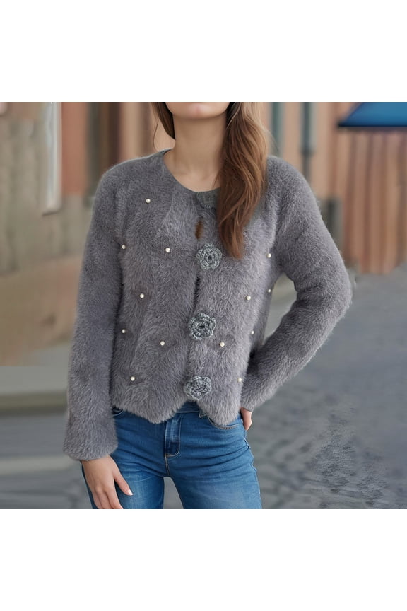 Womens Warm Fluffy Fur Cardigan Clearance, Fuzzy Sweater Y2K Coat, Solid Long Sleeve V Neck Floral Button Down Sweater Gray S