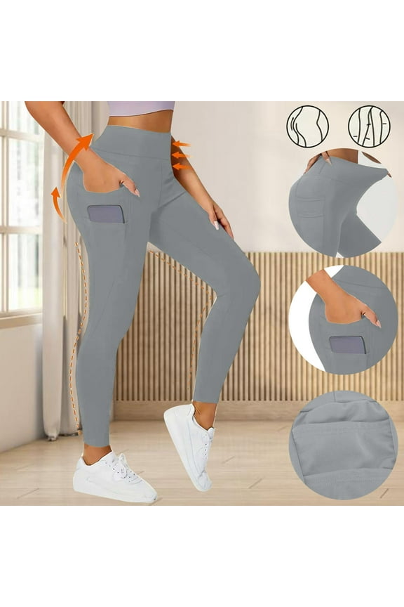 Workout Yoga Leggings Women, High Waisted Tummy Control Compression Pants with Side Pockets Gray L