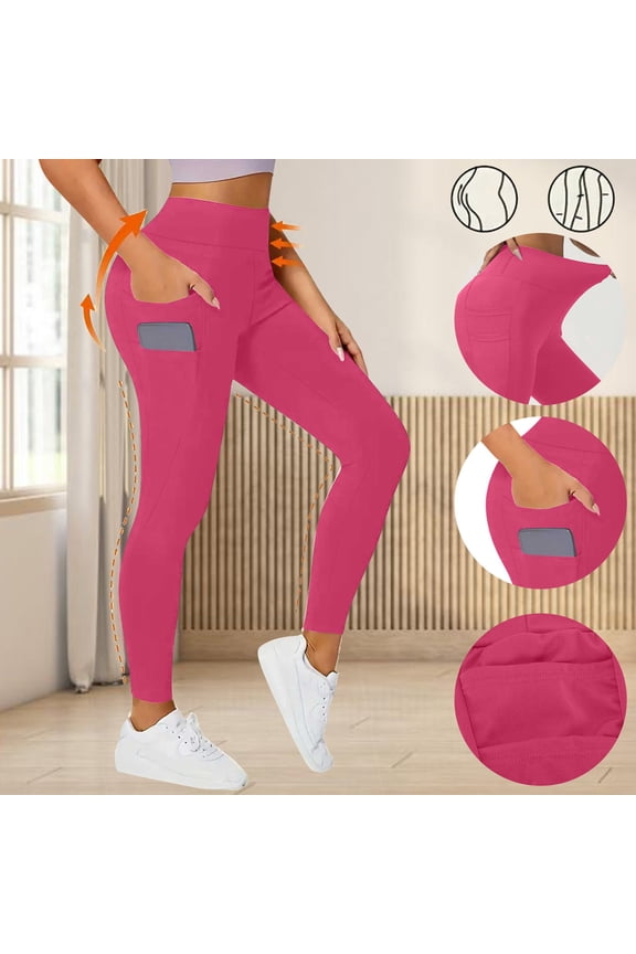 Workout Yoga Leggings Women, High Waisted Tummy Control Compression Pants with Side Pockets Hot Pink L