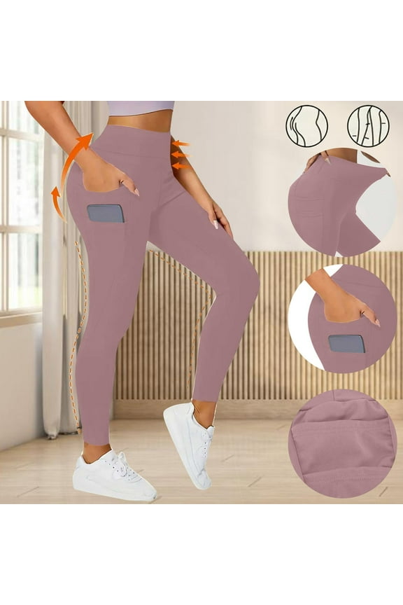 Workout Yoga Leggings Women, High Waisted Tummy Control Compression Pants with Side Pockets Pink M