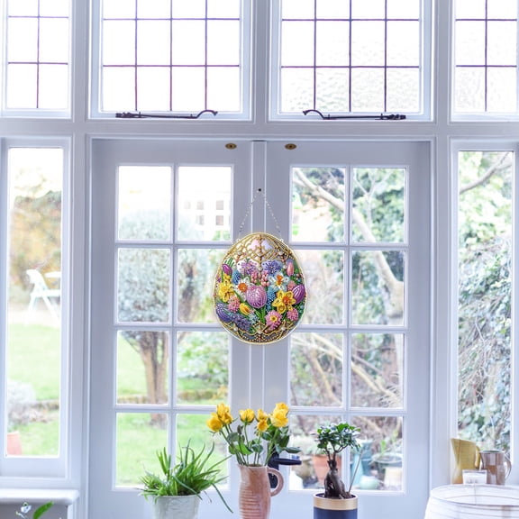 Jjfox Easter Egg Flower Diamond Art Hanging Kit For Special Shaped Rhinestone Diy Acrylic 5D Diamond Art Painting Window Pendants Home Garden Wall Hanging Double Sided