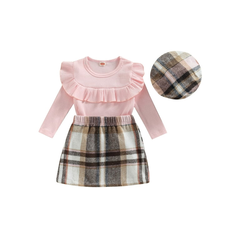 Jkerther 3Pcs Toddler Baby Girl Plaid Skirt Outfit Knit Sweater Flannel Mini Skirts Hat Set Fall Winter Clothes