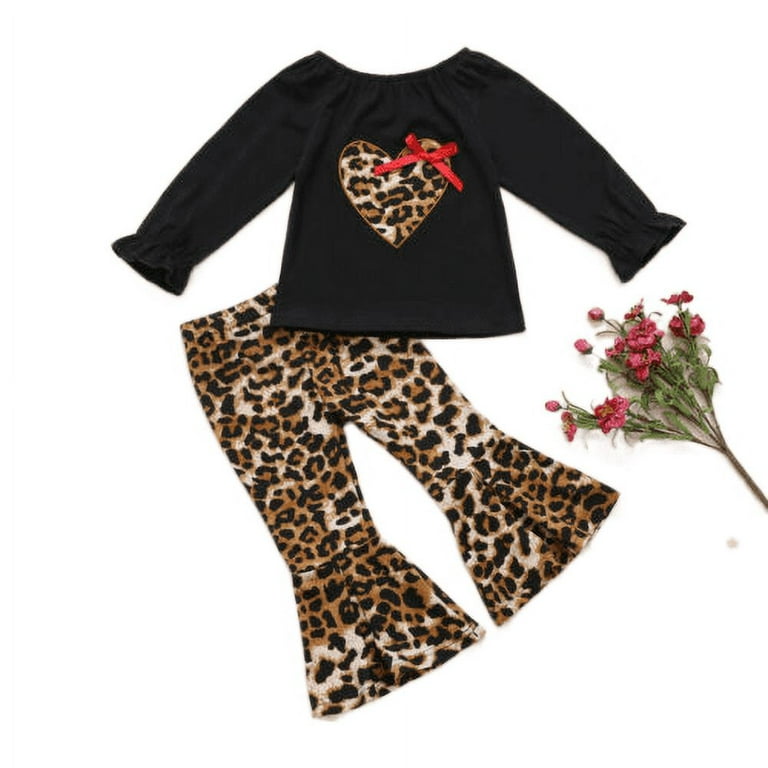 Jkerther Girls Leopard Print Long Puff Sleeve Love Heart Tops+