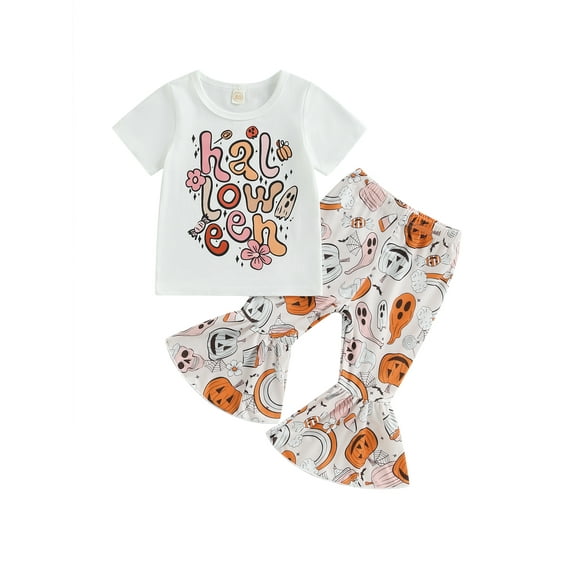 Jkerther Halloween Baby Girl Clothes Letter Print Short Sleeve T-Shirt and Pumpkin Print Flare Pants Summer Clothes