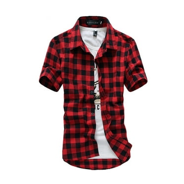 TSEXIEFOOFU Men's Plaid Shirt Short Sleeves Casual Contrast Color ...