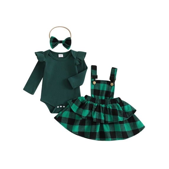 Jkerther Newborn Fall Outfit Baby Girl Long Sleeve Romper and Plaid Suspender Skirt Cute Headband 3Pcs Clothes Set
