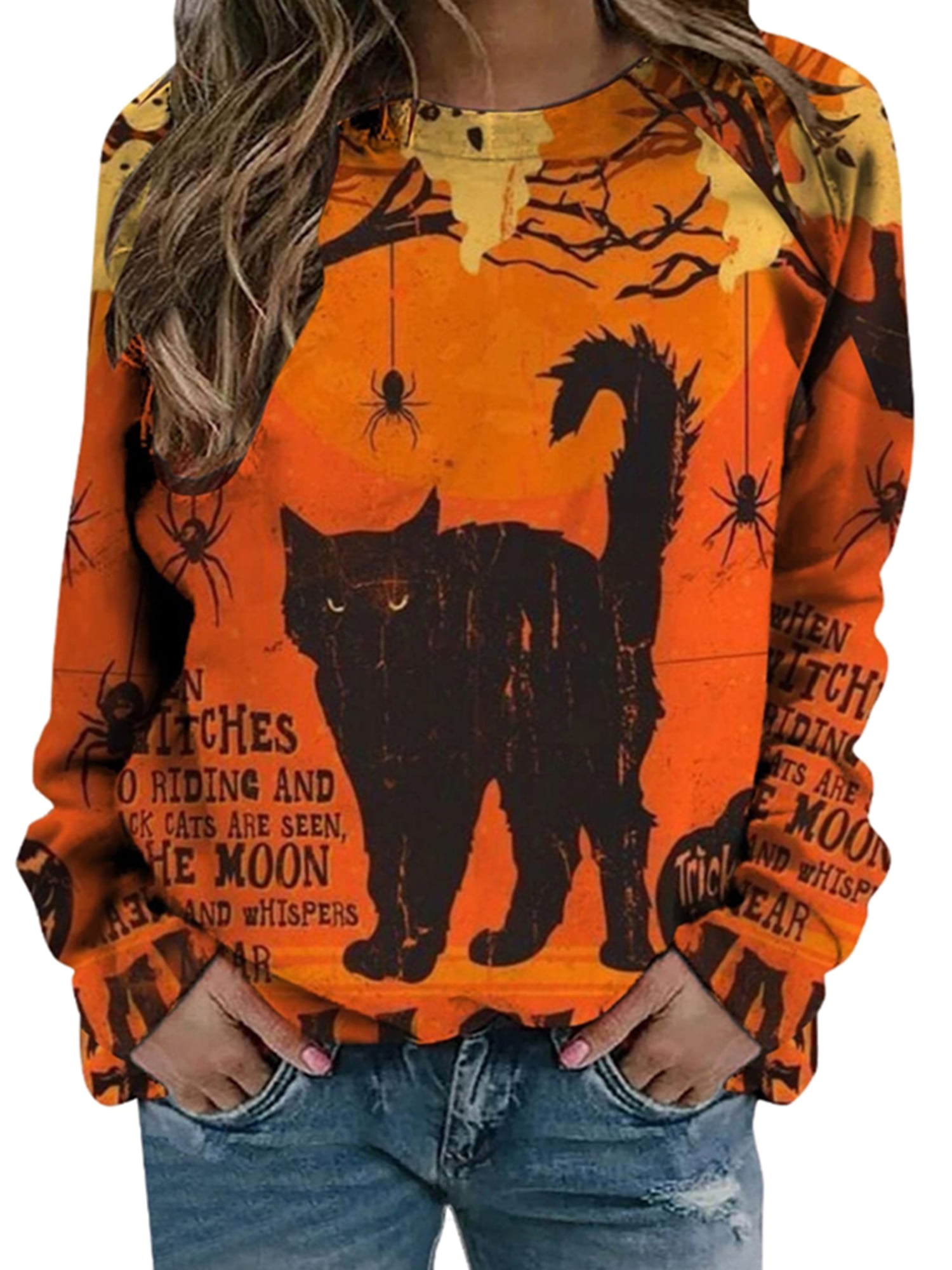 Jkerther Sweatshirt for Women Halloween Shirts Long Sleeve Black Cat