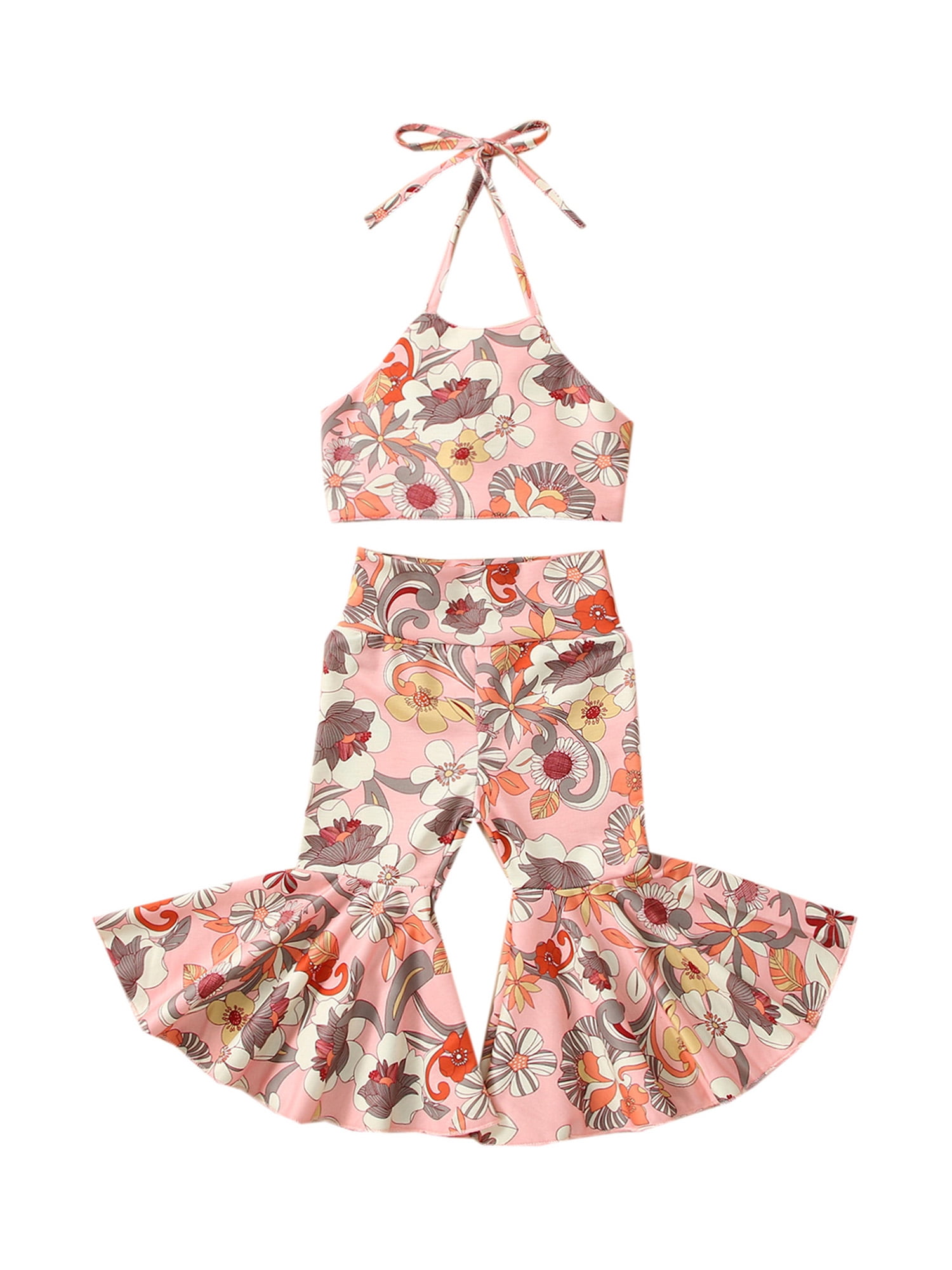 Jkerther Toddler Baby Girl Boho Clothes Sleeveless Floral Halter Crop Top and Bell Bottom Pants