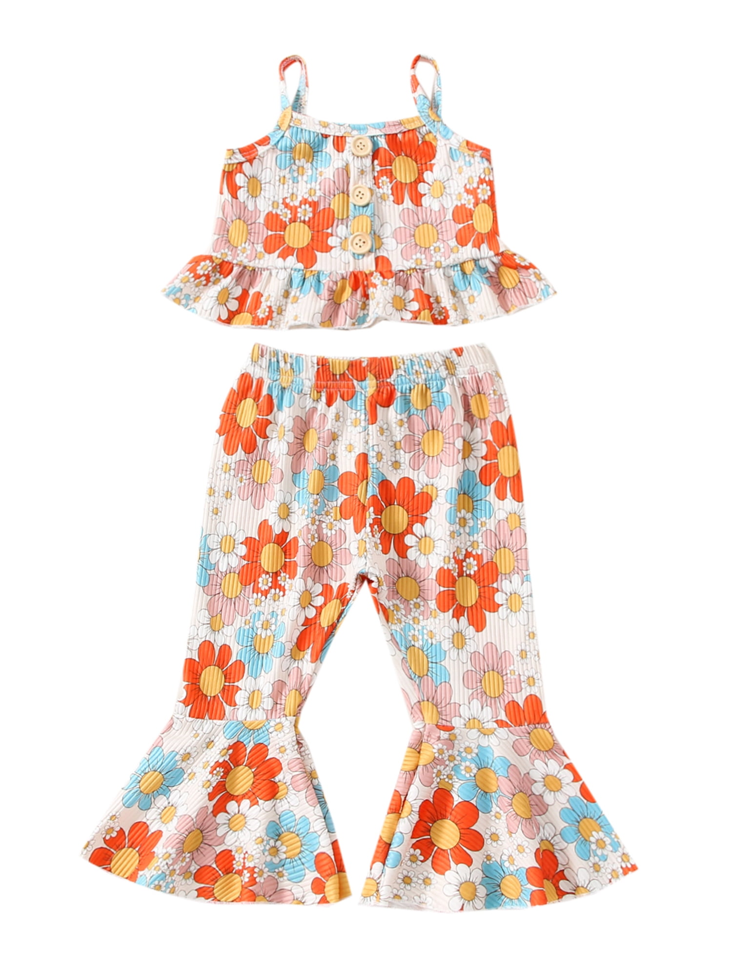 Jkerther Toddler Baby Girl Boho Clothes Sleeveless Floral Halter Crop Top and Bell Bottom Pants