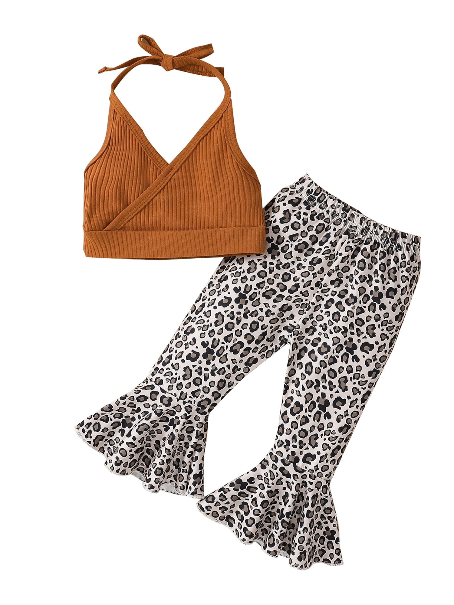 Jkerther Toddler Baby Girl Boho Clothes Sleeveless Floral Halter Crop Top and Bell Bottom Pants