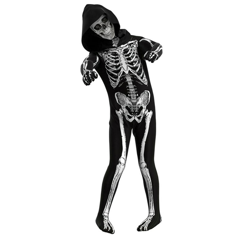 Jkerther Unisex Halloween Skeleton Costume Hooded Jumpsuit Skull Skin Full  Body Tights Suit Cosplay Bodysuit for Women Men Kids 