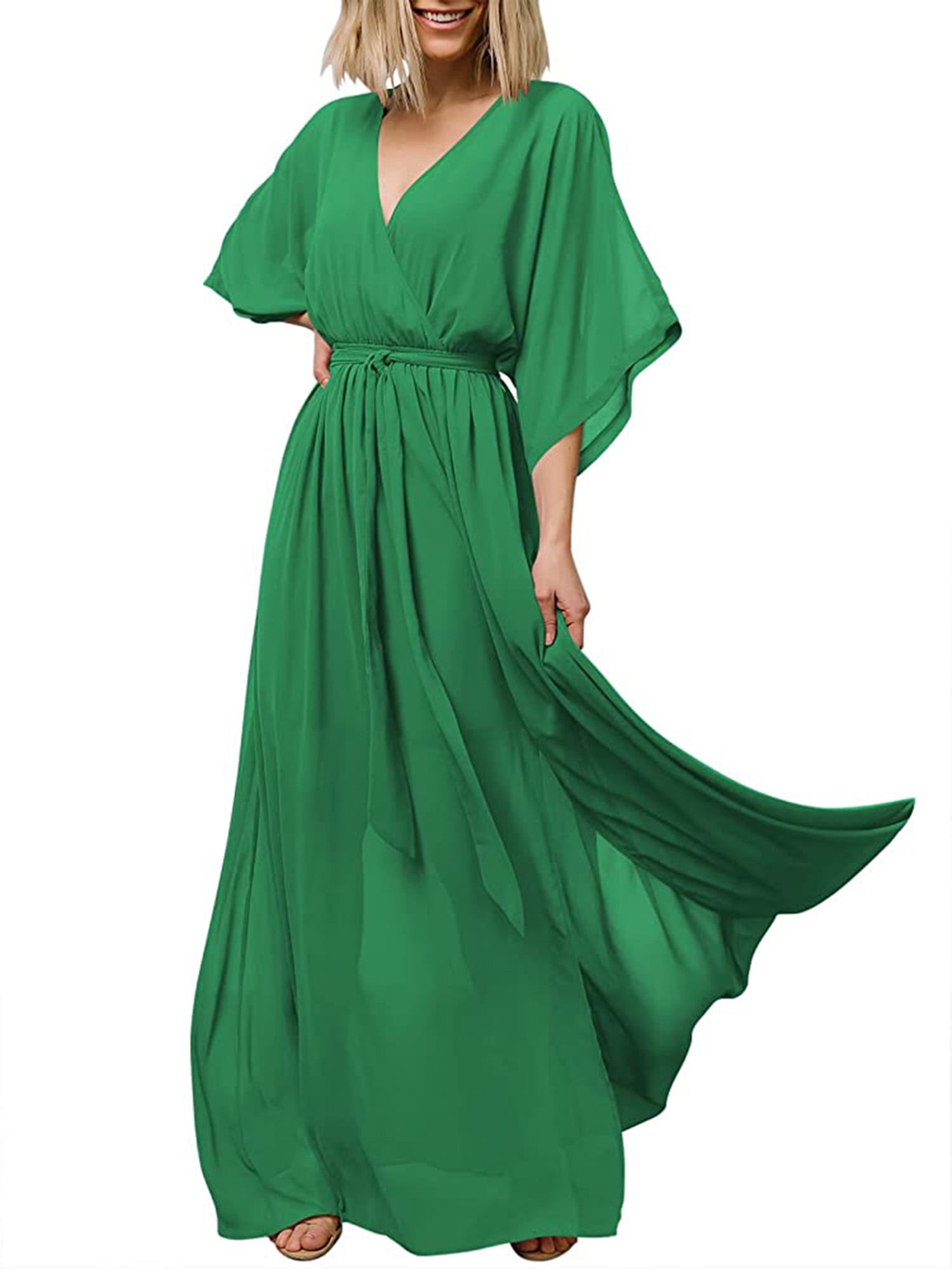 Capreze Women Long Dress Lace Up Summer Beach Sundress Side Slit Maxi  Dresses Kaftan Sleeveless Green L 