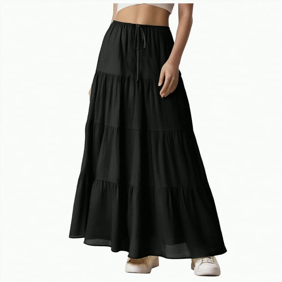 Jkety A Line Skirt Women's Stylish Spandex Comfy Fold-Over Flare Long Maxi Skirt(Black,L)