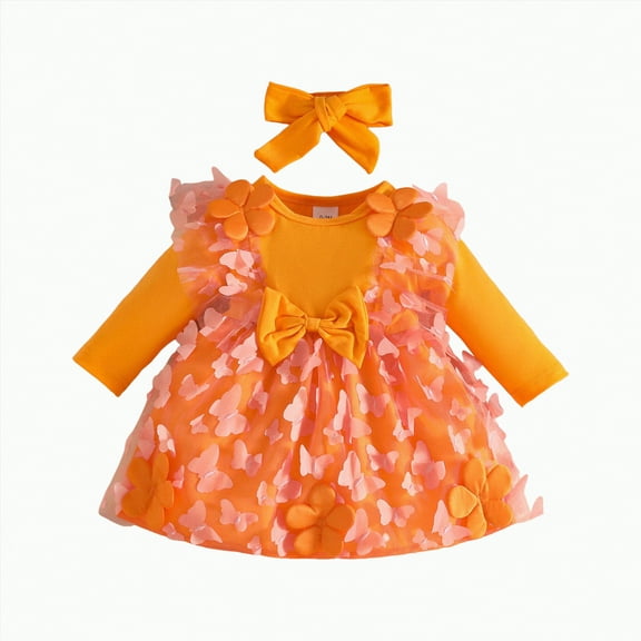 Jkety Baby Clothes for Girls Baby Girl Dress Toddler Long Sleeve Ruffle Floral Dress Girl Outfit Cute Baby Fall/Winter Dresses for Girls Orange,12-18 Months