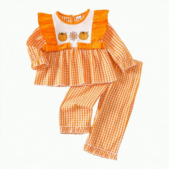 Jkety Baby Girl Halloween Clothes Fall Winter Toddler Baby Girl Clothes Cute Print Ruffle Shirt Top Pants Set 2 Piece Newborn Infant Girl Outfit(Orange,12-18 Months)