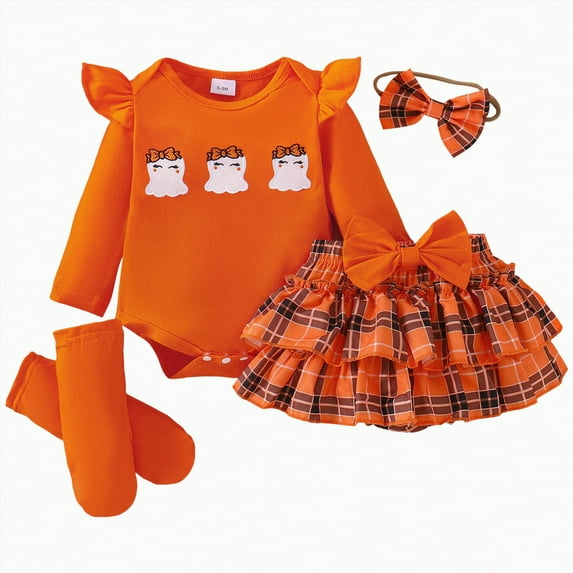 Jkety Baby Girls Halloween Outfits Kids Casual Outfits 2PCS Fall Winter Outfits Long Sleeve Top Skirt Set(Orange,12-18 Months)