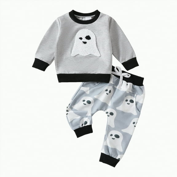 Jkety Baby Halloween Outfit Toddler Baby Boys Girls Halloween Outfits Fall Long Sleeve Pumpkin Print Tops + Drawstring Pants Set Light Gray,18-24 Months
