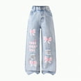 thumbnail image 1 of Jkety Baggy Jeans Girl's Bowknot Print Washed Jean Elastic Waist Denim Pants Straight Leg Trousers with Pockets Light Blue,11-12 Years, 1 of 7