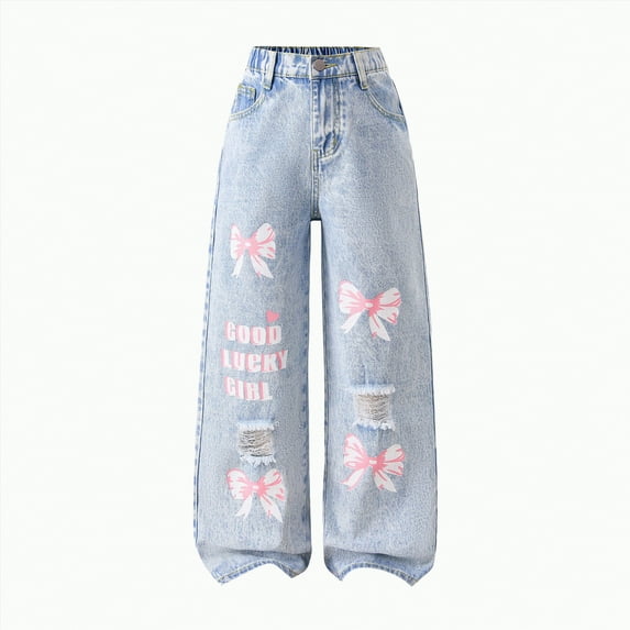 Jkety Baggy Jeans Girl's Bowknot Print Washed Jean Elastic Waist Denim Pants Straight Leg Trousers with Pockets Light Blue,11-12 Years