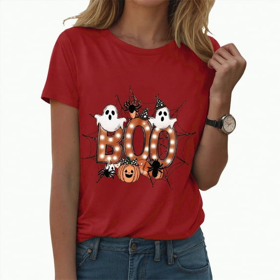 Jkety Blouses for Women Dressy Casual Momster T Shirt Women Funny Halloween Spider Bat Graphic Tee Casual Mom Ster Letter Print Fall Pumpkin Tops(Red,S)