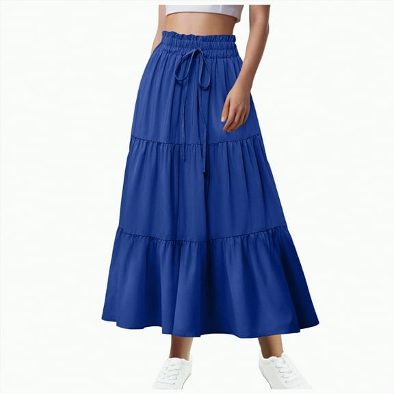 Jkety Boho Skirt Women's Bohemian Style Elastic Waist Band Cotton Linen Long Maxi Skirt Dress(Blue,2XL)