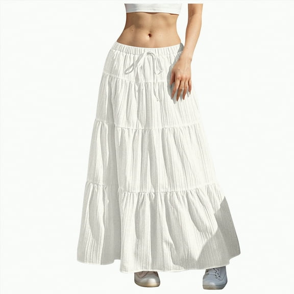 Jkety Boho Skirts for Women Women's Pleated Skirt Chiffon Elastic Waist A-Line Midi Length Skirt(White,S)