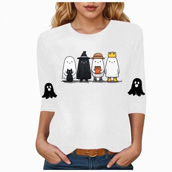 Jkety Casual 3/4 Sleeve V Neck Shirt for Women Funny Holiday Graphic Tee Fall Winter Loose Fit Tops T Shirt Women(White,L)