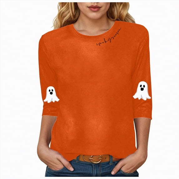 Jkety Casual 3/4 Sleeve V Neck Shirt for Women Funny Holiday Graphic Tee Fall Winter Loose Fit Tops Women's T Shirts(Orange,XL)