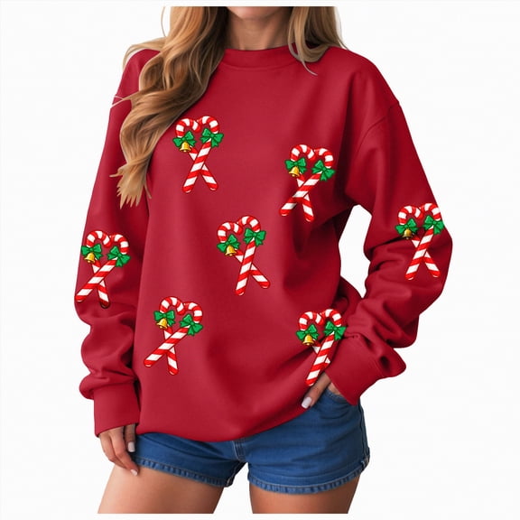 Jkety Christmas Crew Sweatshirt Women's Hoodie Sweatshirt Christmas Printed Long Sleeve Crewneck Slim Plus Size Pullovers Red,S