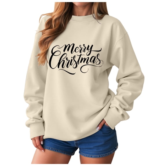 Jkety Christmas Light Sweatshirt for Women Christmas Sweatshirts for Women Merry Christmas Shirt Xmas Tree Graphic Long Sleeve Vacation Pullover Tops Beige,M