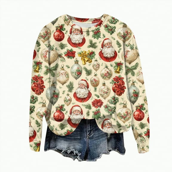 Jkety Christmas Sweater Pullover Merry Christmas Santa Printed Sweatshirt Vintage Santa Sweatshirt Christmas Sweatshirts for Women Light Yellow,2XL