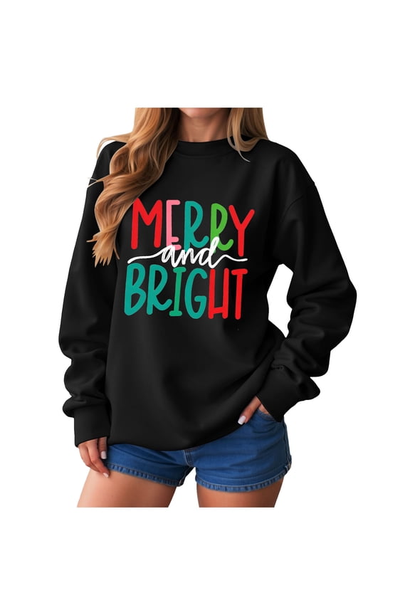 Christmas Sweaters for Women Merry And Bright Bold Holiday Festive Christmas Typography Cartoon Decorative Sweatshirt Black,3XL