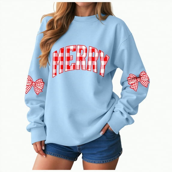 Jkety Christmas Sweatshirts for Women Women’s Casual Print Knitted Pullover Sweaters Long Sleeve Crew Neck Jumper Sky Blue,M